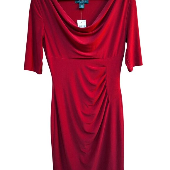NWT Lauren Ralph Lauren Red Cowl Neck Jersey Ruched Dress Size 6 Half Sleeve - Picture 2 of 8